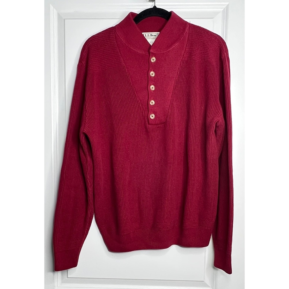 Vintage LL Bean Sweater Mens Med. Burgundy USA Cotton 5-Button Henley Heavy Rib